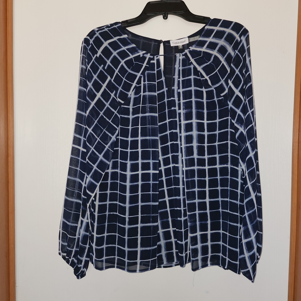 Calvin Klein Navy and White Grid-Pattern Blouse NWT Size XL